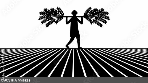 Silhouette farmer carrying wheat harvest, a classic symbol of agriculture and hard work, representing tradition, sustainability, and the essence of rural life