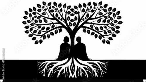Striking tree silhouette with a couple, symbolizing growth, love, and connection, offering a modern and elegant representation of family and togetherness