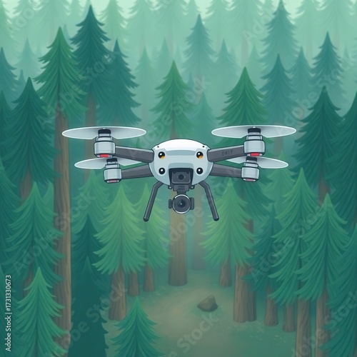 Drone Flying Misty Forest.