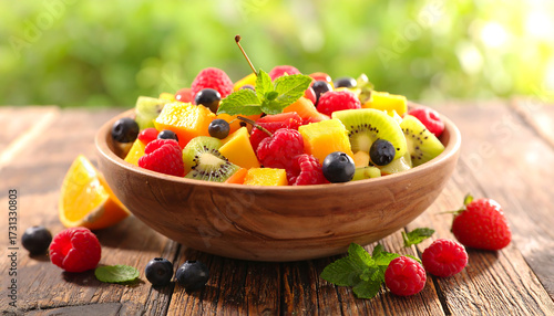 Fresh Colorful Fruit Bowl with Berries and Mango on Wooden Table