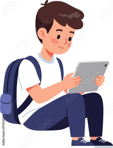 Young boy with backpack engrossed in his tablet, showcasing modern learning and digital engagement