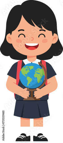 Joyful young schoolgirl holding a globe, ready to embark on a journey of learning and global understanding