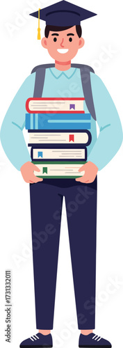 Young student holding a stack of books ready for graduation and education