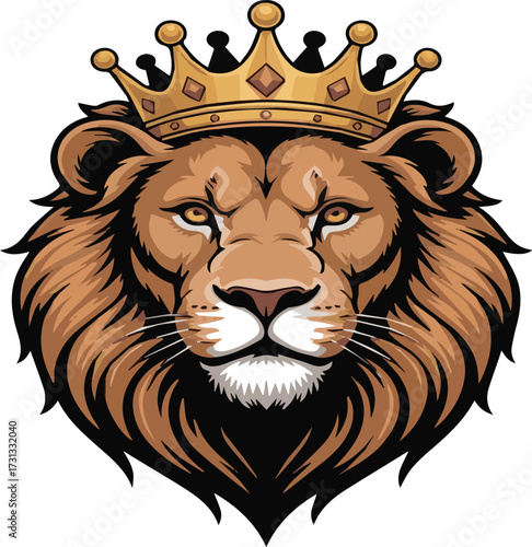 Fierce lion head illustration wearing a golden crown with detailed mane and white background king royal