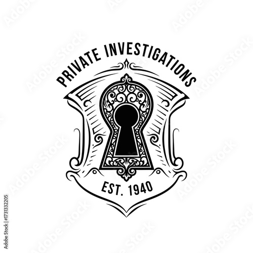 Vintage Private Investigations Logo with Keyhole and Shield.