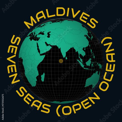 Maldives on Globe. Round country and continent name text. Country view on world map in Black Emerald color palette. Maldives shape on map. Elegant vector illustration.
