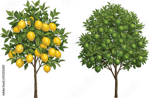 Illustration of lemon tree with yellow fruits, lime tree with green fruits, citrus plant drawing, natural orchard garden design, botanical