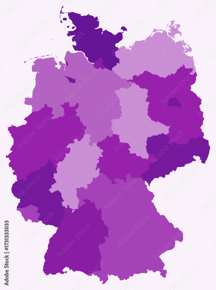 Obraz premium Map of Germany with regions. Just a simple country border map with region division. Purple color palette. Plain Germany shape with administrative division. Vector illustration.