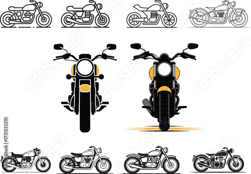 Collection of diverse motorcycle illustrations in various styles and perspectives