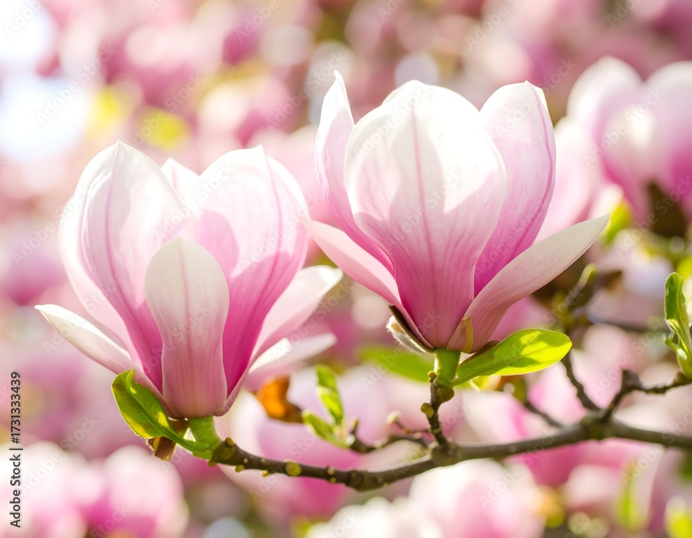 Obraz premium Two delicate pink magnolia blossoms in sunlight, on a branch with blurred background