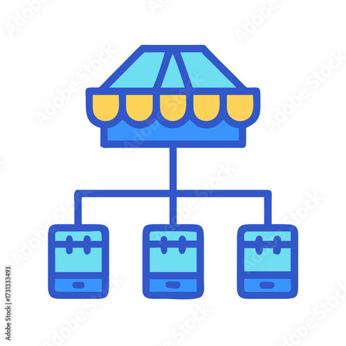 Marketplace network connecting smartphones with online store interface icon