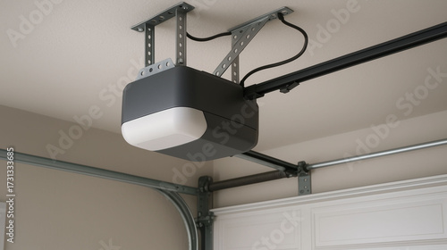 Automatic garage door opener motor system mounted on ceiling with rails, wires and mechanical hardware showing smart home installation, convenience, modern technology and engineering design
