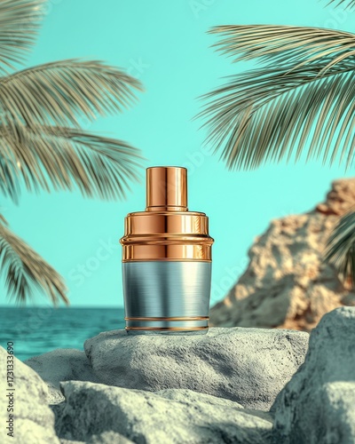 Luxury cocktail shaker on rocks, tropical backdrop