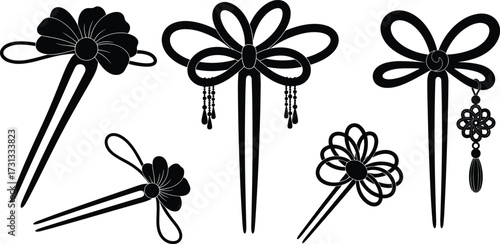 Elegant traditional ornamental hairpins, floral design, vintage jewelry accessory, cultural fashion, decorative hair stick, handmade craft, beads, tassels, beauty