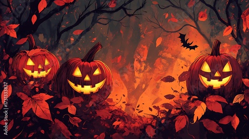 Wallpaper Mural Classic jack-o'-lanterns with exaggerated grins, vintage hand-drawn Halloween style, surrounded by swirling autumn leaves in shades of orange, red, and brown, Torontodigital.ca