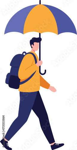 A young man with a backpack walking under a colorful umbrella during his daily commute in the rain