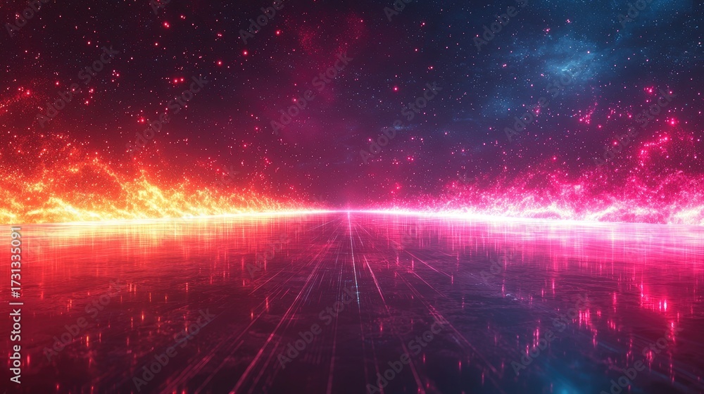 custom made wallpaper toronto digitalCosmic Horizon: Fiery Nebula Reflections on a Digital Ocean, Starry Sky