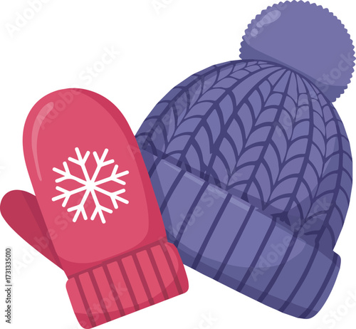 Red knitted mitten with white snowflake and purple bobble hat with knit pattern winter clothing
