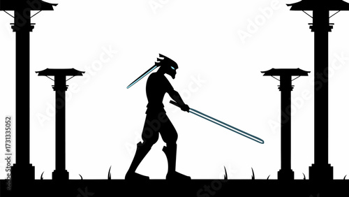 Silhouette of a ninja warrior with two swords standing between two japanese style pillars in black and white
