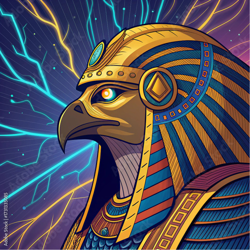 Majestic egyptian falcon god horus amidst electric storm