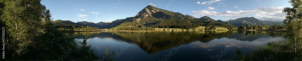 Fototapeta premium Stunning hdr panorama of serene lake and mountain reflection nature landscape