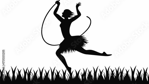 Silhouette of a woman dancing with a rope in a field of grass under a white background in a black and white image