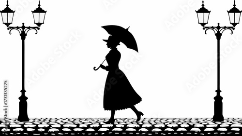 Silhouette of a woman with umbrella walking on cobblestone street between two ornate lampposts at night