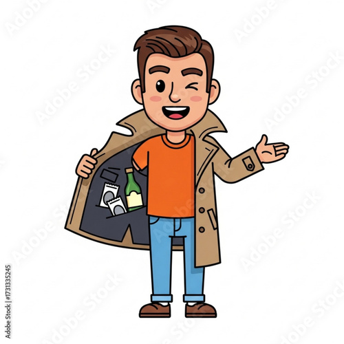 Sly cartoon man in a trench coat discreetly presents hidden items, winking with a charming smile, symbolizing secret offers, adult party supplies, or unexpected provisions