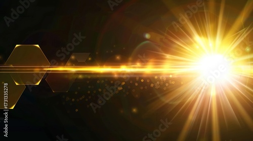 Cinematic golden light flare with radiant sunburst and hexagonal lens effect on black background