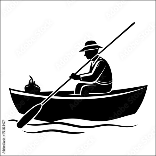 Fisherman with a fishing rod in a boat - cut out vector silhouette
