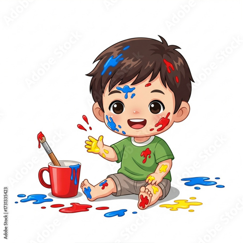 Adorable little boy, full of joy and covered in vibrant paint, exploring his creativity during a fun art session, making a colorful mess on the floor as he learns and plays