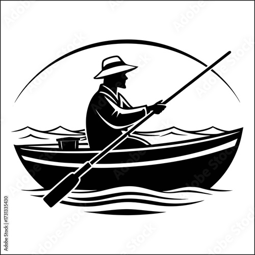 Fisherman with a fishing rod in a boat - cut out vector silhouette

