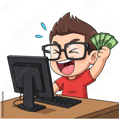 Excited young person with glasses celebrating while holding cash and looking at a computer screen, symbolizing online success and financial gain