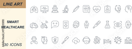 Smart healthcare vector icon set with minimal line art of hospital, AI, telemedicine, vaccine, diagnosis, DNA, cloud data, pharmacy, and medical technology for apps, web, and UI.