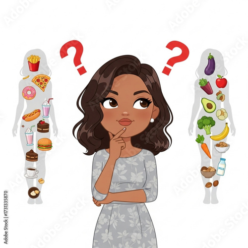 Beautiful woman contemplating her dietary choices, caught between a silhouette of a body filled with unhealthy junk food and one with healthy fruits and vegetables