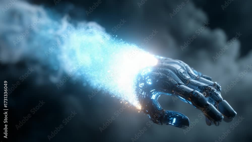 A Futuristic Robotic Hand Manipulates Energy and Light, Creating a Mesmerizing Display of Sparks and Particles as It Disperses Into the Ether, Illustrating the Union of Technology and Imagination.