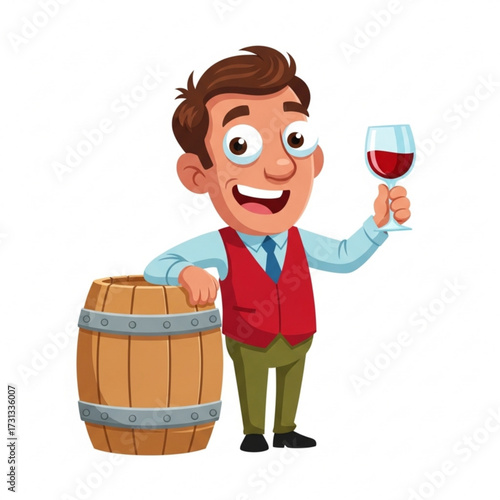 A jovial man in a waistcoat and tie proudly holds up a glass of red wine next to a wooden barrel, celebrating the finest in fine dining and exquisite alcoholic beverages