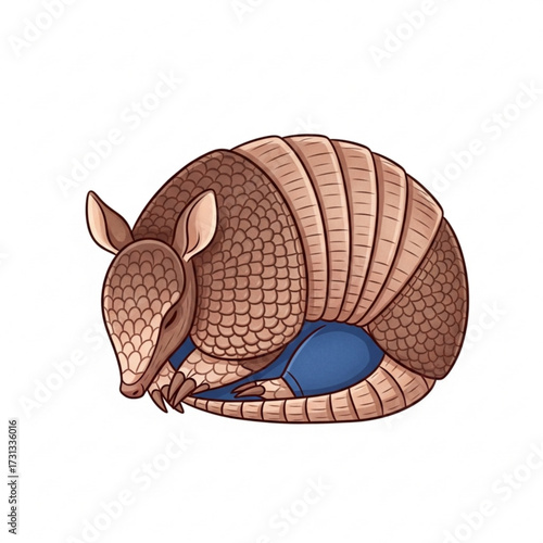 Charming illustration of a cute armadillo curled up in a defensive ball. Adorable sleeping mammal with a detailed shell, isolated wildlife vector art