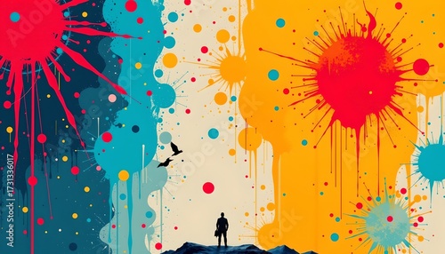 An abstract landscape with surreal elements, featuring a person standing amidst explosive activity, surrounded by a vivid backdrop of colors and shapes that resemble splatters