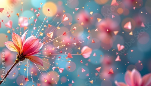 A close up view of a single flower with delicate petals in full bloom, set against a backdrop of vibrant confetti that fills the frame