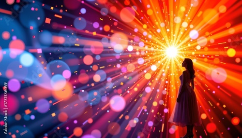 A person standing in front of a vibrant, bokeh effect backdrop that features bright, colorful lights, creating a captivating, almost psychedelic atmosphere