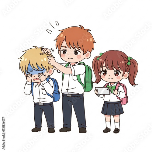 Cartoon illustration of a young boy being physically bullied at school by a classmate while another student films the abuse on her phone