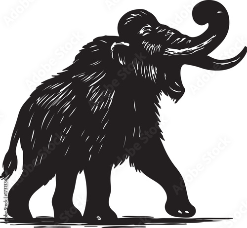 Silhouette of a prehistoric woolly mammoth with long curved tusks walking across a white background