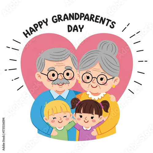 Heartwarming illustration for Happy Grandparents Day, featuring a smiling elderly couple embracing their grandchildren, conveying love and appreciation