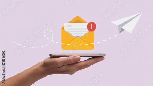 Hand holding phone with email notification and paper airplane on a light purple background