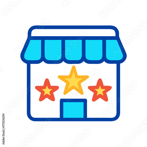 Colorful store icon with three stars on black background