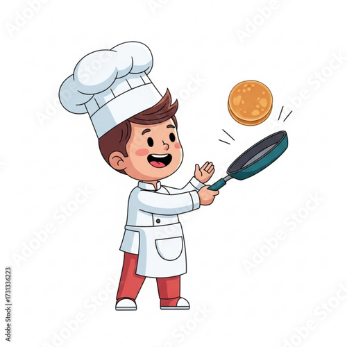 Joyful cartoon of a young chef in uniform, happily flipping a golden pancake from a frying pan, illustrating culinary passion, kitchen fun, and the delightful art of breakfast