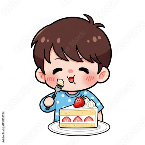 Cartoon Boy Enjoying Delicious Strawberry Cake Slice Vector Illustration