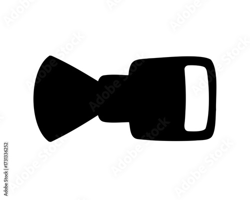 Stylized black and white icon depicting a vintage video camera illustration