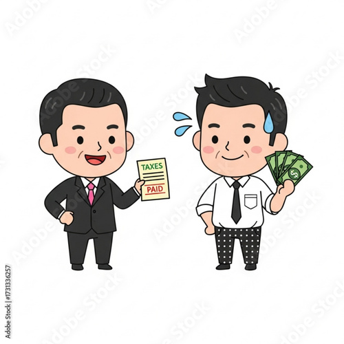 Cheerful tax professional accepts payment from a stressed individual, illustrating the critical process of annual tax submission and financial responsibility